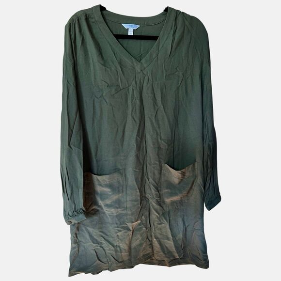 Time and Tru Green V Neck Mini Shift Dress Long Sleeves w/Pockets Size Large - Picture 8 of 10